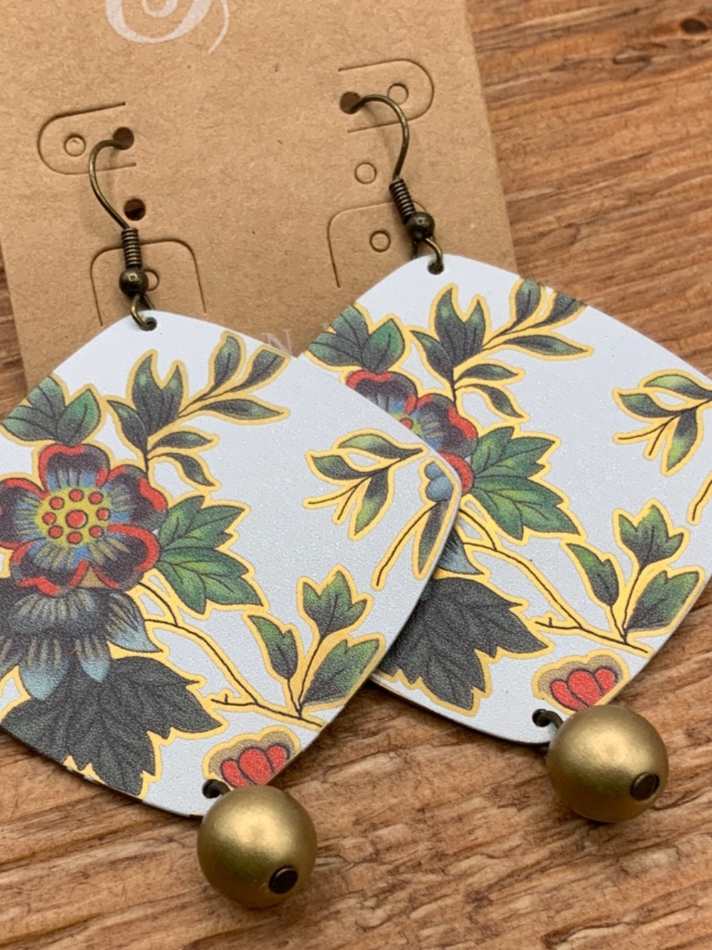 Plunder Design "Wanda" Floral White, Green, Yellow Gold Bead Dangling Earrings